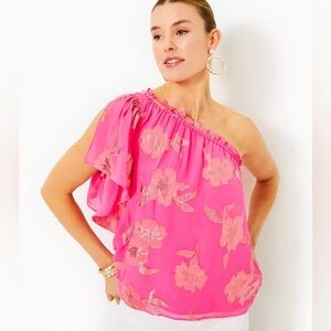 LILLY PULITZER Saraleigh one shoulder Roxie pink anniversary silk blouse top